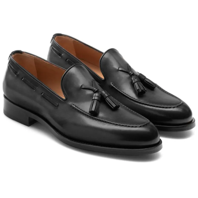 Flat Feet Shoes - Black Leather Barbican Tassel Loafers with Arch Support sold by Costoso Italiano