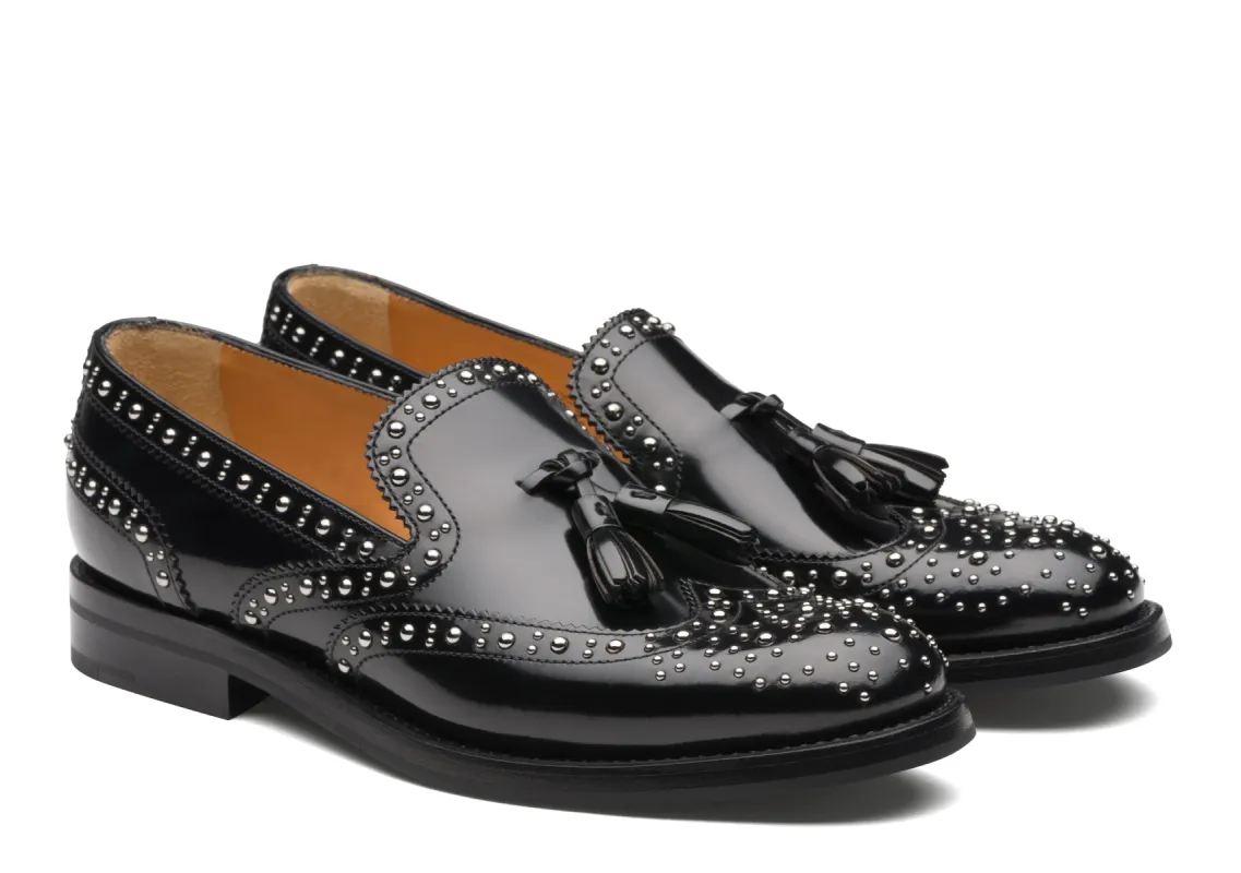 Black Leather Spike Studded Atsabe Wingtip Slip On Tassel Loafers sold by Costoso Italiano