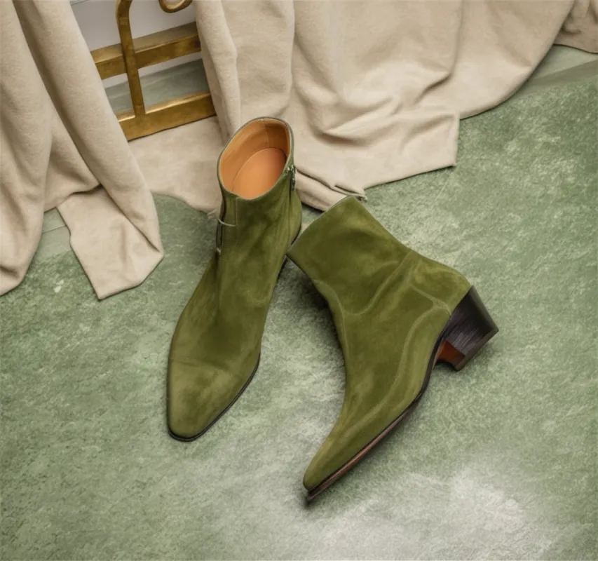 Green Suede Leather Fiorina Slip On Zipper Pointed Boots for Men - AW24 sold by Costoso Italiano