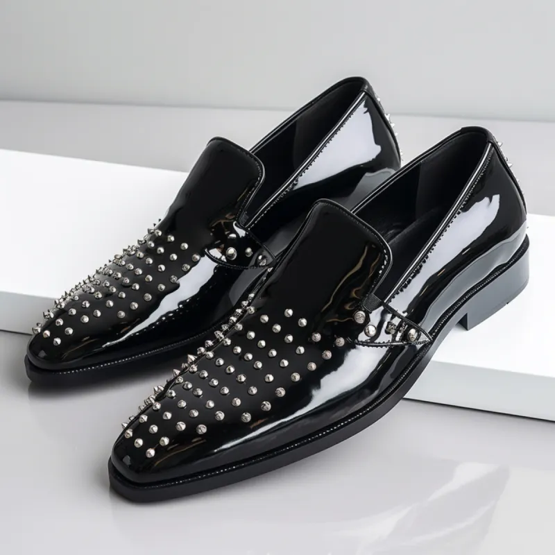 Black Patent Leather Spike Opaly Slip On Studded Loafers - SS23 sold by Costoso Italiano