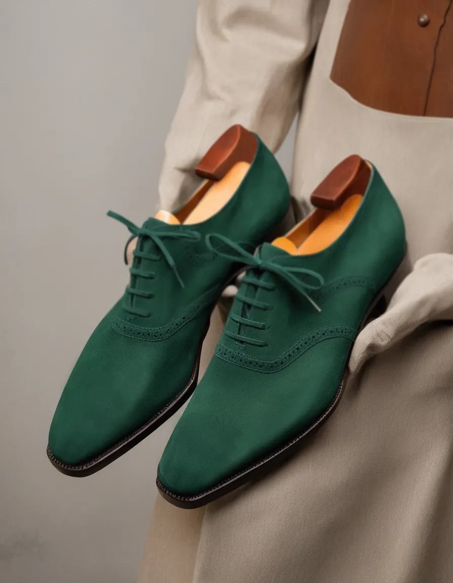 Dark Green Suede Leather Kratio Brogue Oxfords - Formal Shoes sold by Costoso Italiano