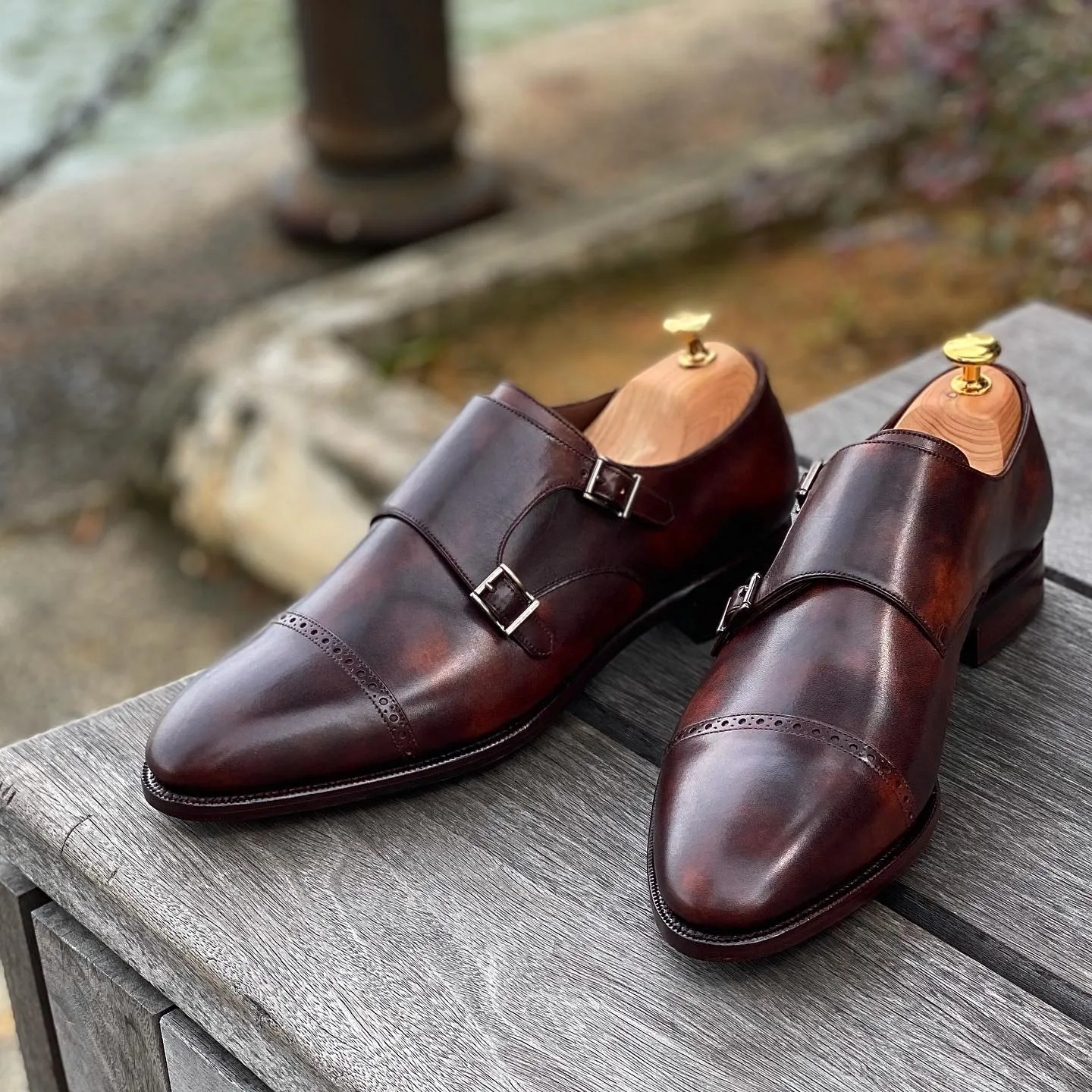 Brown Patina Leather Renalda Brogue Toe Cap Double Monk Straps - AW24c, , sold by Costoso Italiano