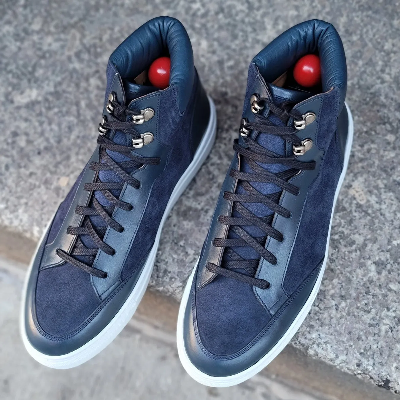 Navy Blue Suede and Leather Foxton Lace Up High Top Sneakers - Summer 2024 Collection sold by Costoso Italiano product image thumbnail 3