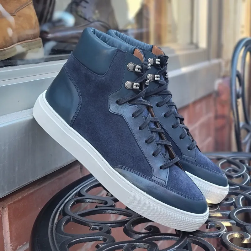 Navy Blue Suede and Leather Foxton Lace Up High Top Sneakers - Summer 2024 Collection sold by Costoso Italiano