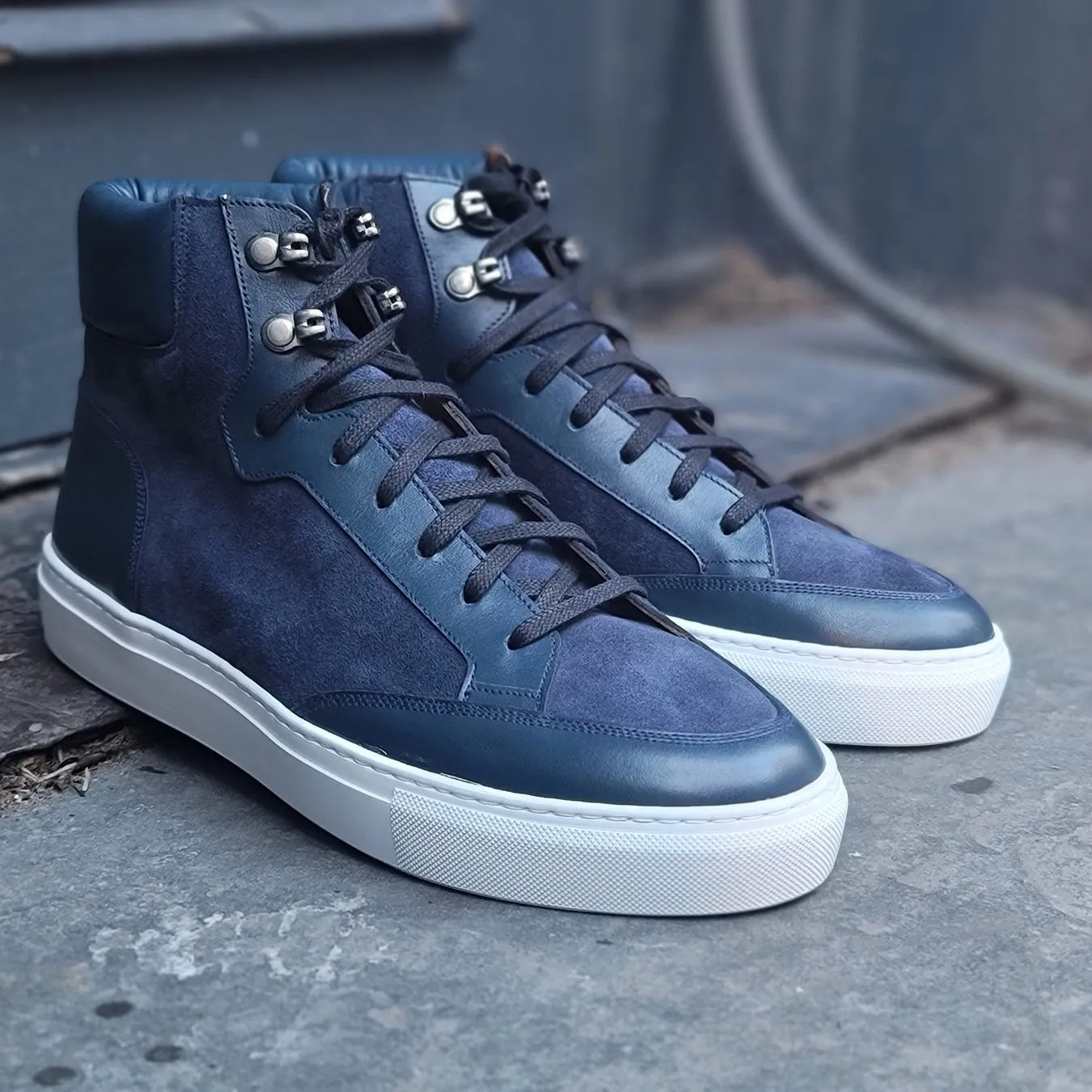 Navy Blue Suede and Leather Foxton Lace Up High Top Sneakers - Summer 2024 Collection sold by Costoso Italiano product image thumbnail 4