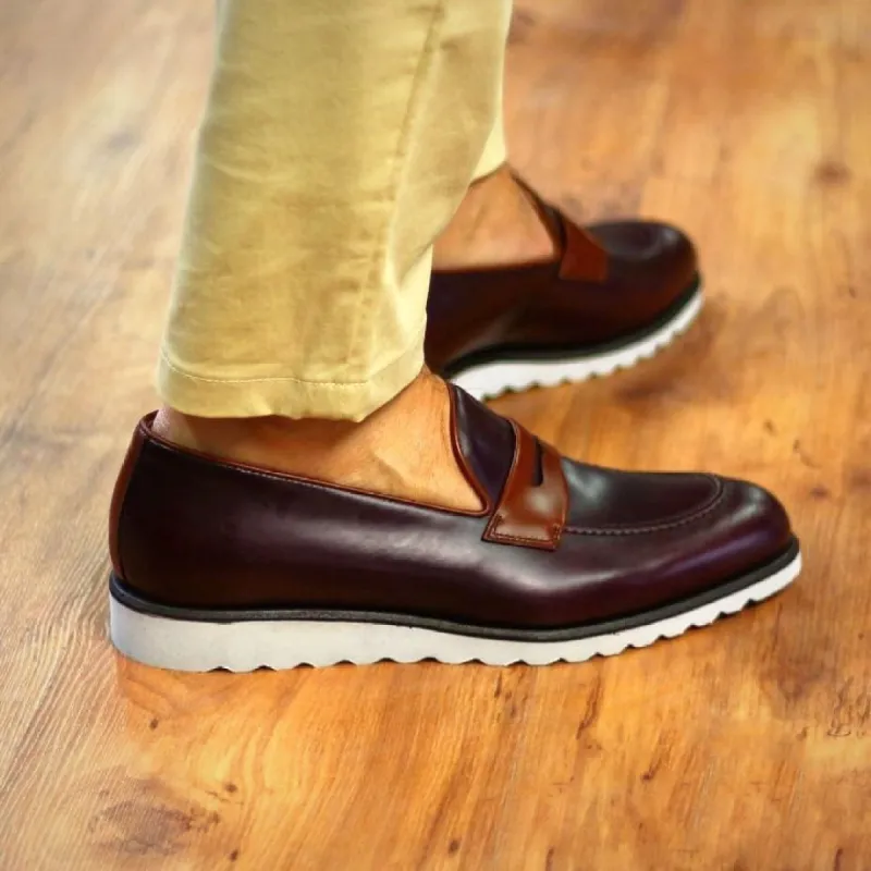 Burgundy and Brown Leather Lithgow Slip On Penny Loafers sold by Costoso Italiano