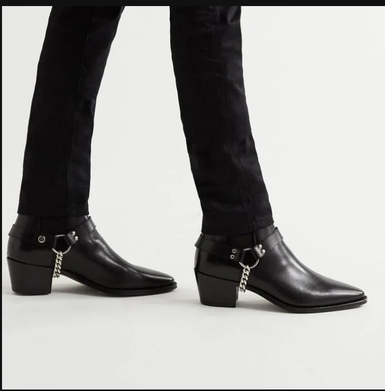 Black Leather Helios Harness Chelsea Boots with Chains - AW24 sold by Costoso Italiano