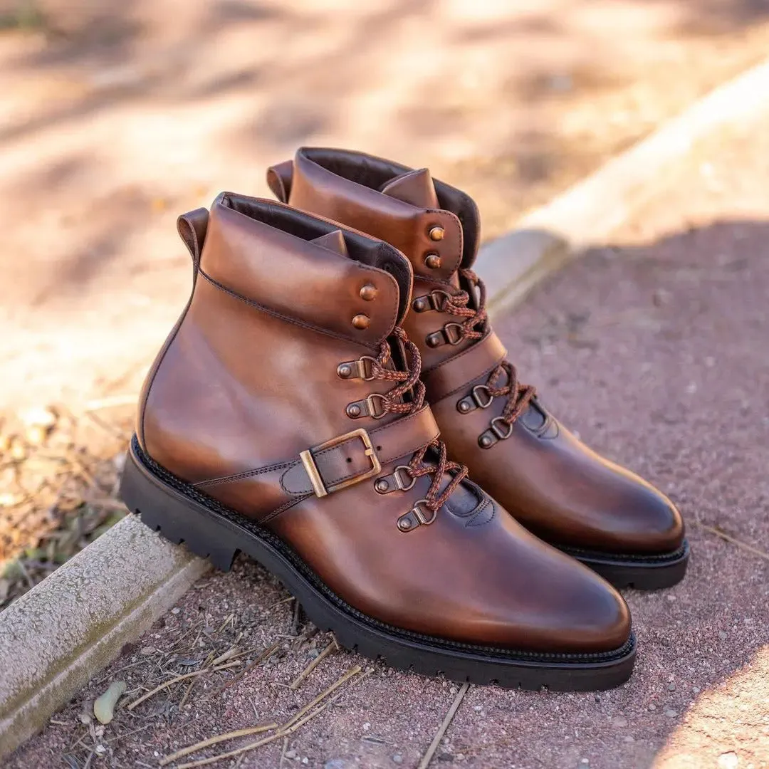 Height Increasing Tan Leather Headre Chunky Combat Boots sold by Costoso Italiano