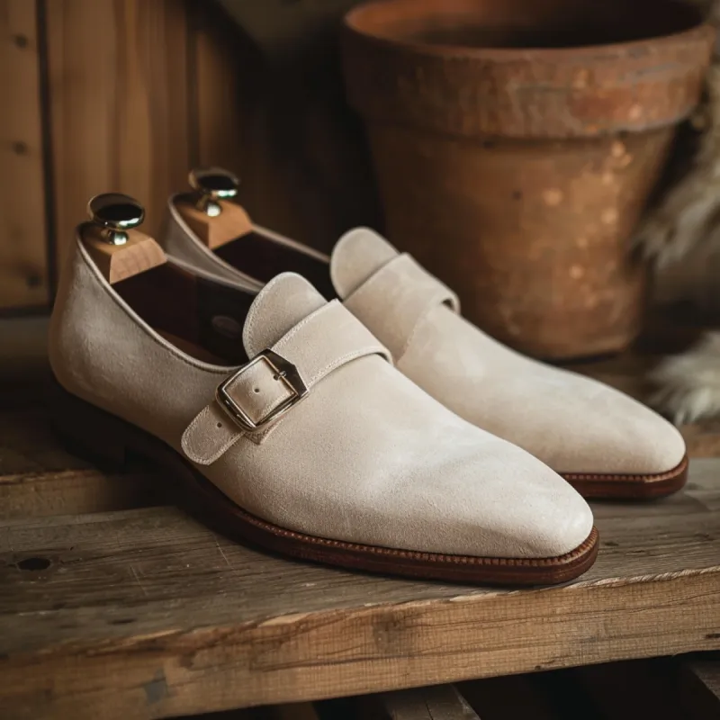 Beige Suede Silvestro Monk Straps sold by Costoso Italiano