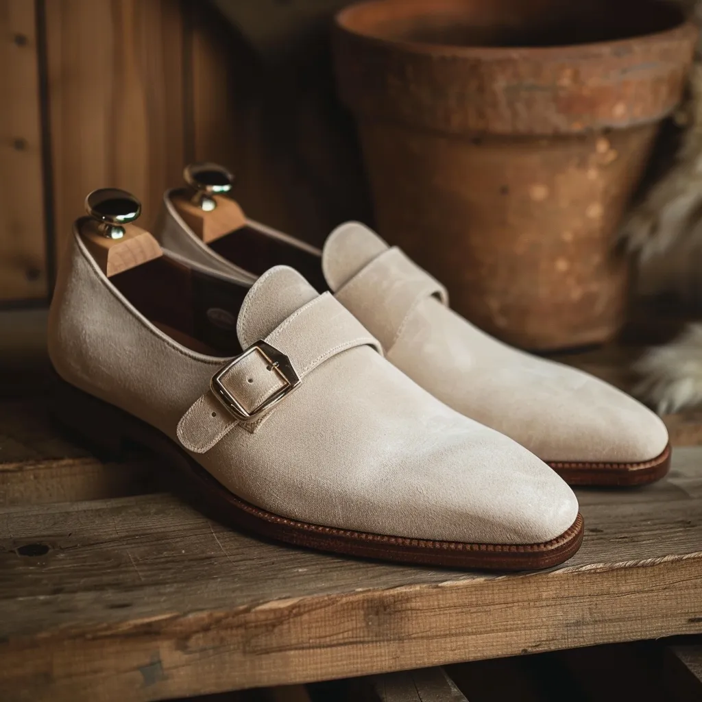 Beige Suede Silvestro Monk Straps sold by Costoso Italiano