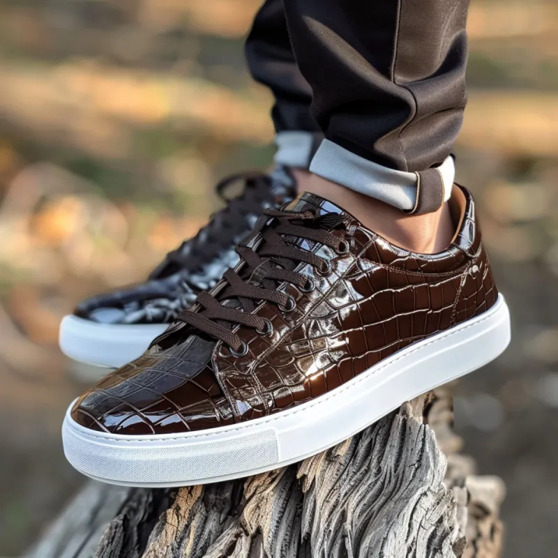 Brown Croc Print Leather Pantalone Lace Up With White Sole Sneakers sold by Costoso Italiano