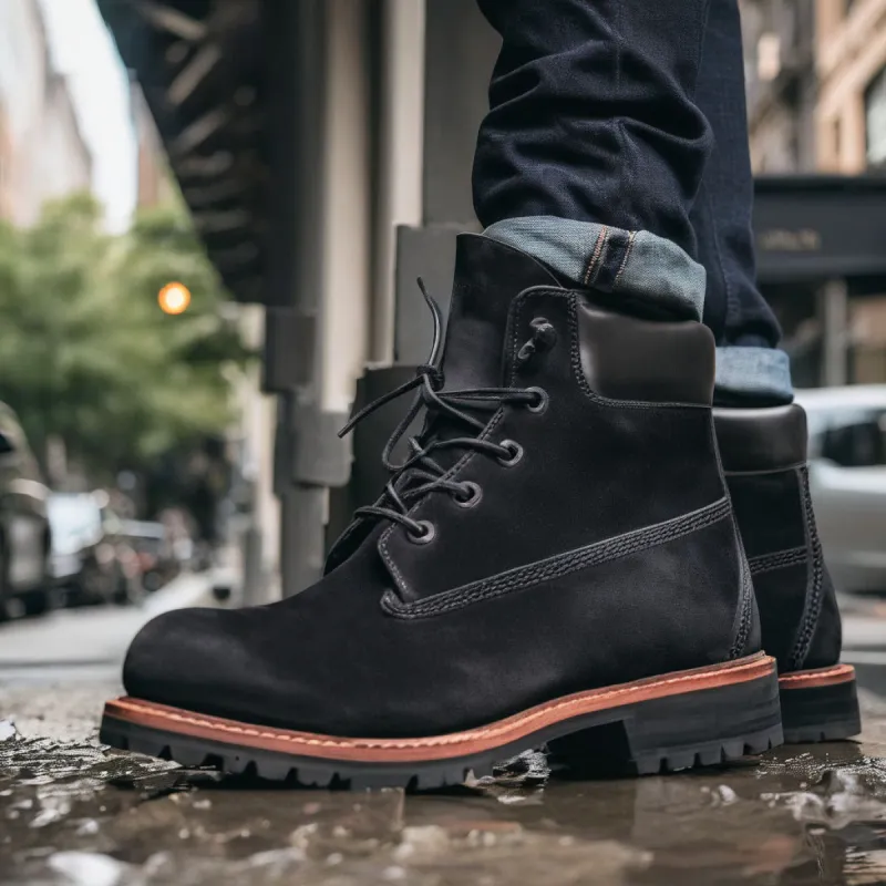 Black Suede Leather Appoggio Ankle Rugged Lace Up Combat Hiking Boots with Chunky Track Sole sold by Costoso Italiano