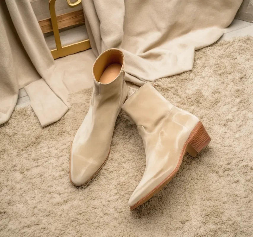 Cream Suede Leather Lazzer Slip On Zipper Pointed Boots sold by Costoso Italiano