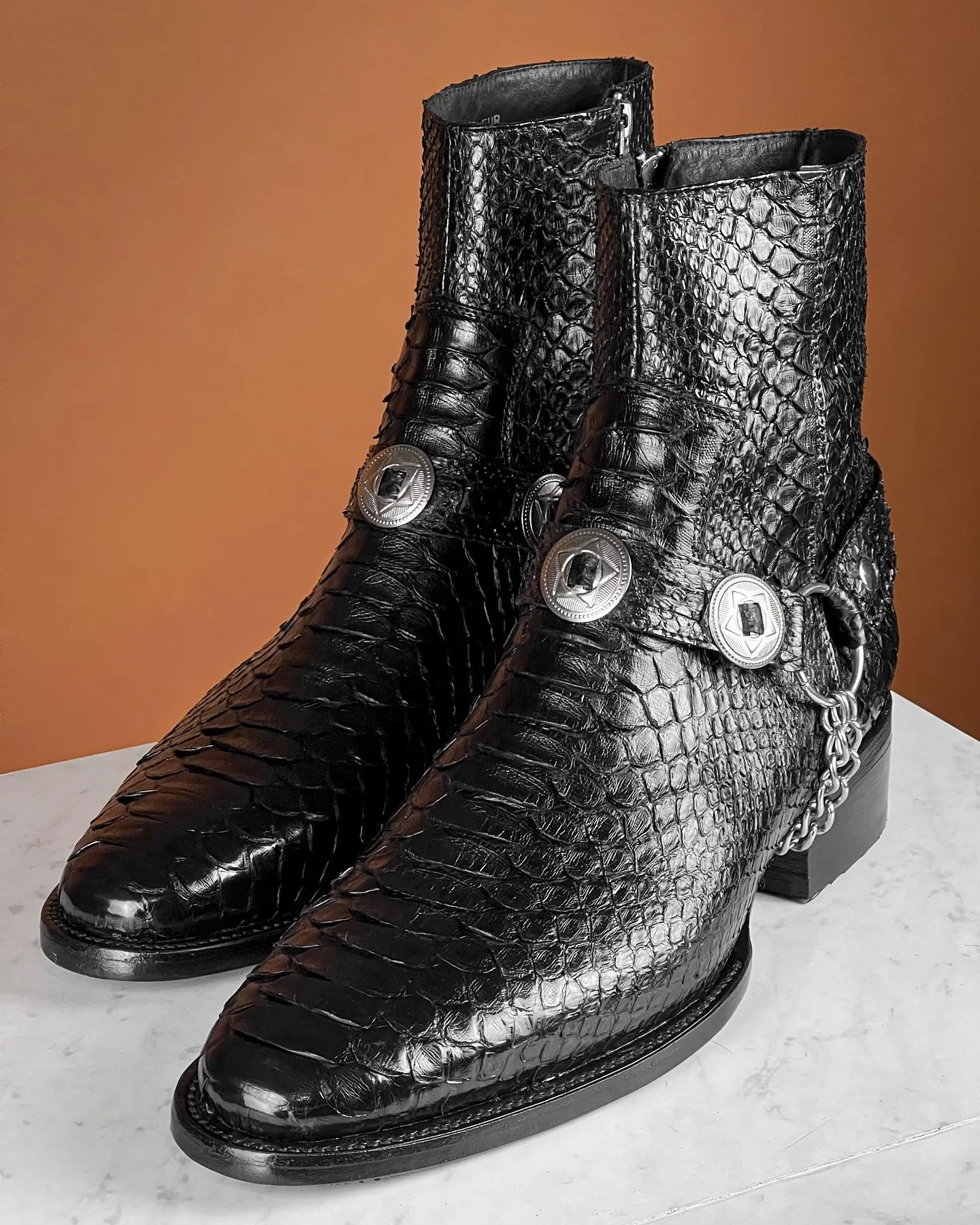 Black Crocodile Print Leather Ravien Harness Chelsea Boots sold by Costoso Italiano
