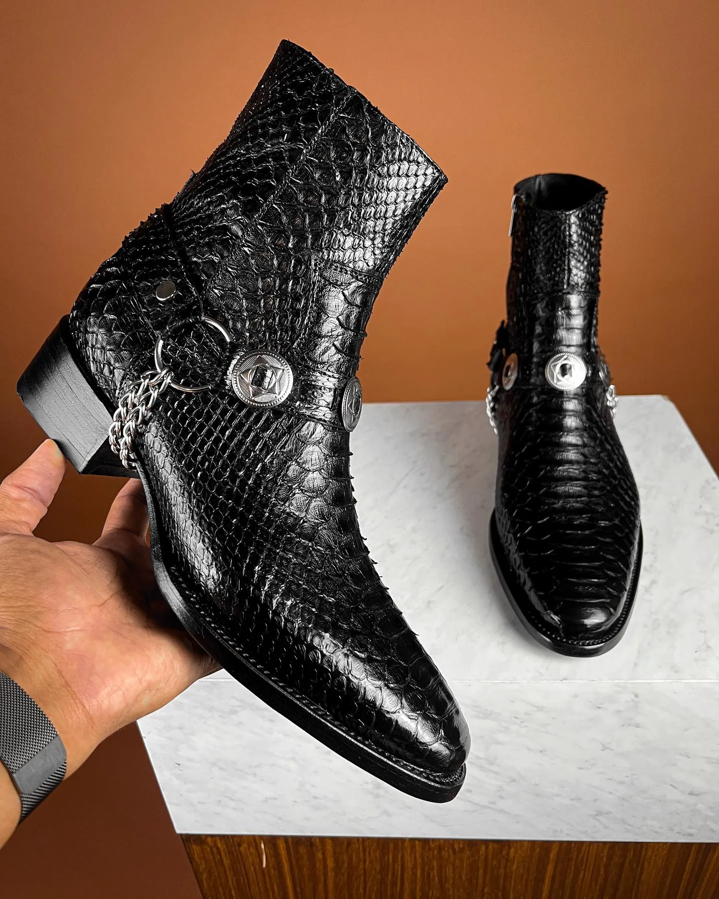 Black Crocodile Print Leather Ravien Harness Chelsea Boots sold by Costoso Italiano product image thumbnail 2