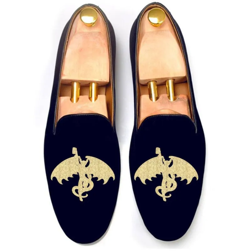 Flat Feet Shoes - Blue Velvet Gargoyle With Beer Embroidered Loafers with Arch Support sold by Costoso Italiano