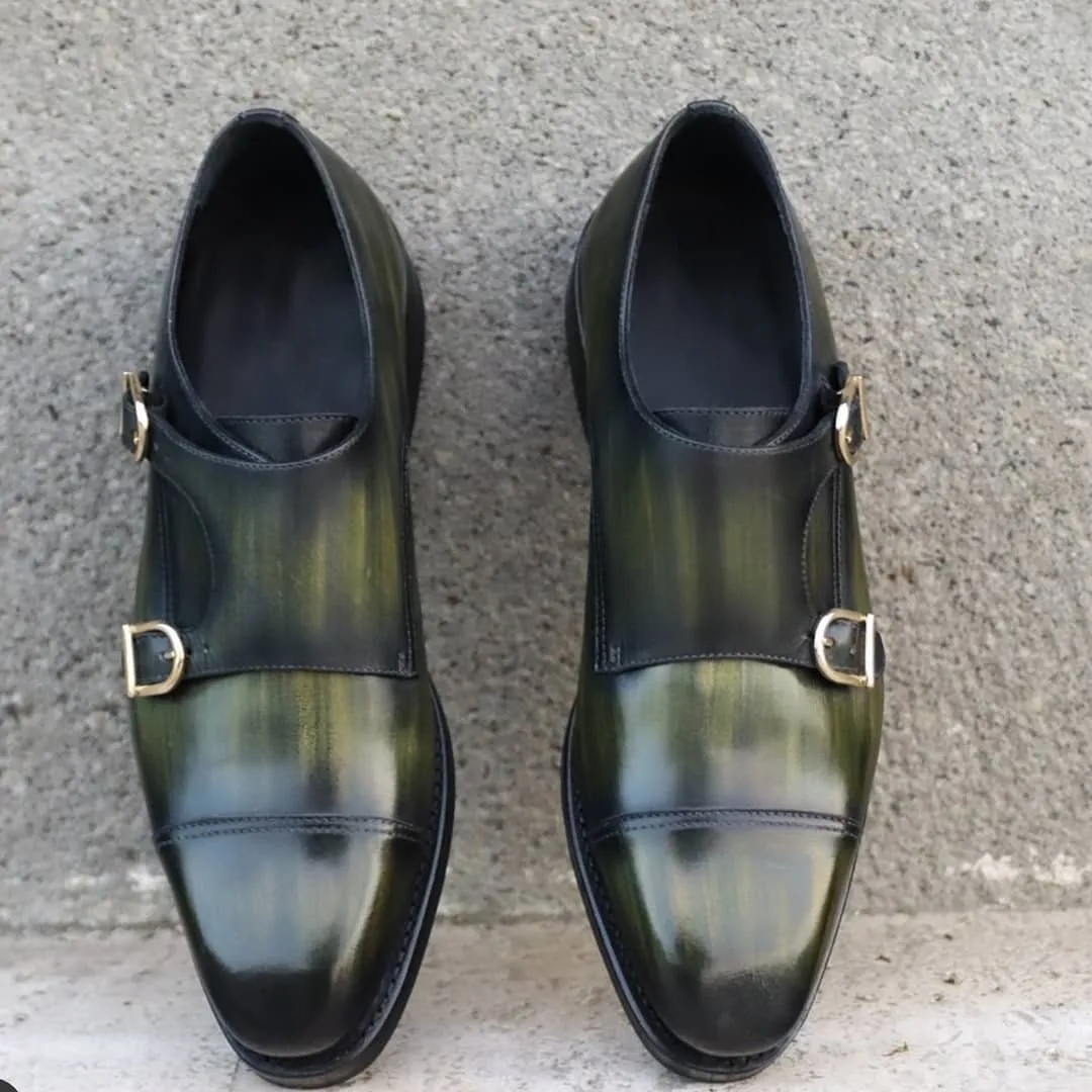 Green Leather Ascona Toe Cap Double Monk Straps sold by Costoso Italiano