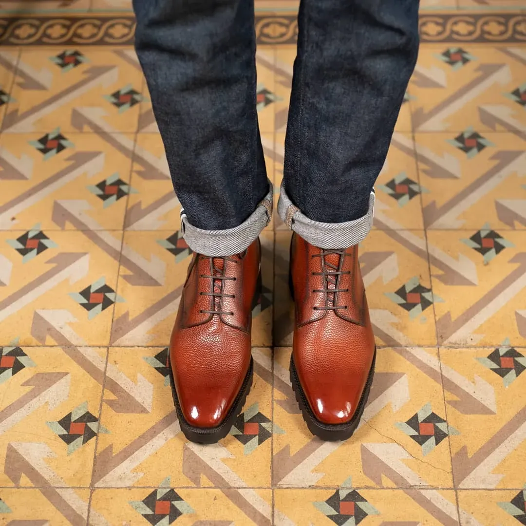 Tan Leather Bevenes Chunky Dress Lace Up Derby Boots sold by Costoso Italiano