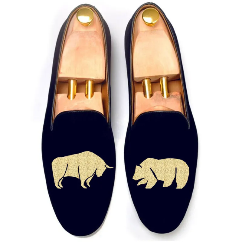 Height Increasing Blue Velvet Bull v/s Bear Embroidered Loafers sold by Costoso Italiano