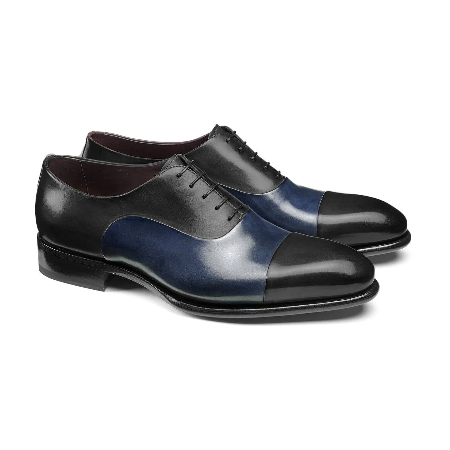 Flat Feet Shoes - Black and Navy Blue Leather Woodford Balmoral Toe Cap Oxfords with Arch Support sold by Costoso Italiano