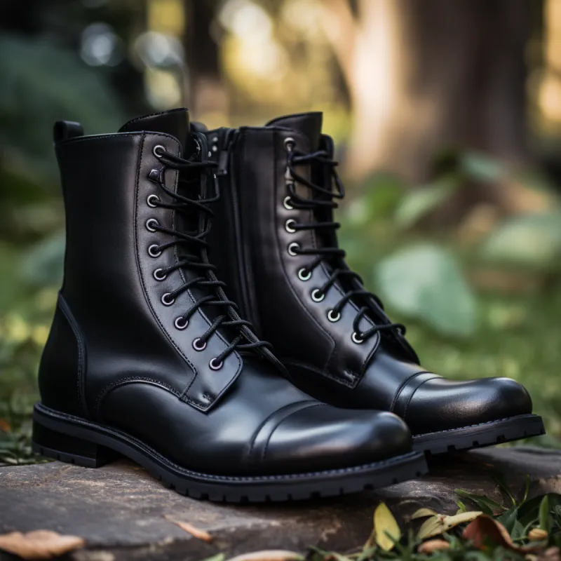 Black Leather Zelina Lace Up Chunky Derby Toe Cap Boots with Zipper and Track Sole - AW24 - Hiking and Trekking Boots sold by Costoso Italiano