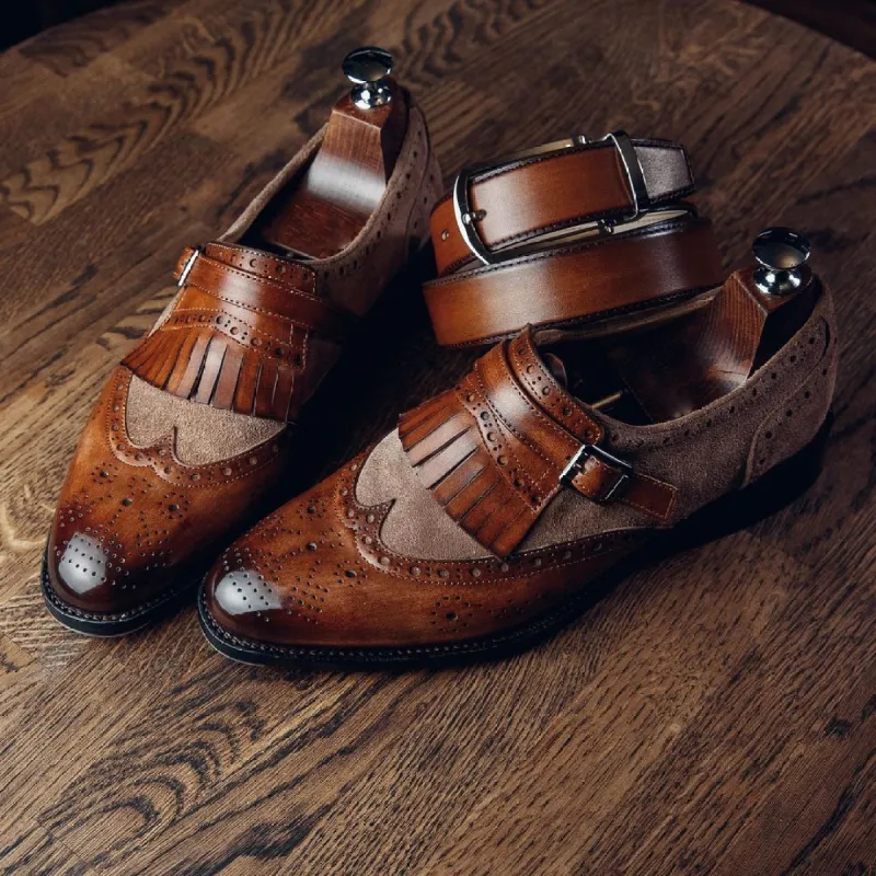 Height Increasing Tan Leather Baden Brogue Single Monk Straps sold by Costoso Italiano