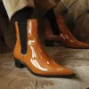 Tan Patent Leather Biagio Slip On Pointed Chelsea Boots sold by Costoso Italiano