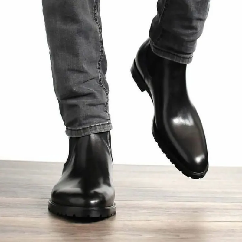 Height Increasing Black Leather Vamese Slip On Chelsea Boots - AW22 sold by Costoso Italiano