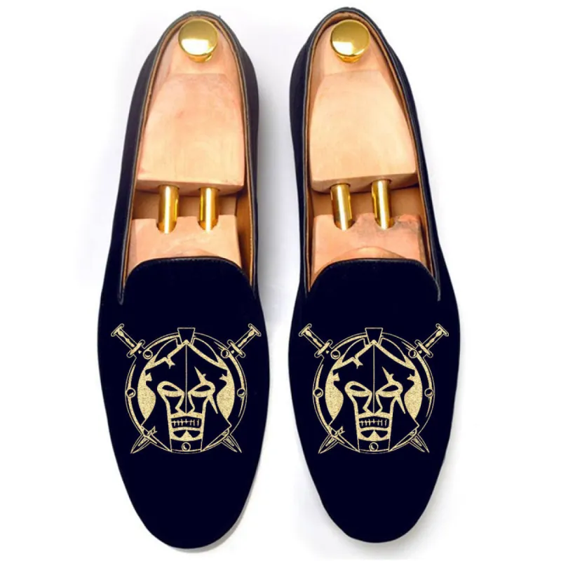 Blue Velvet Spartan Shield Embroidered Loafers sold by Costoso Italiano