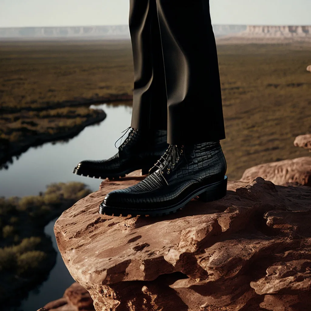 Black Crocodile Print Leather Sawyer Derby Boots - Alligator Print Boots - AW24 sold by Costoso Italiano