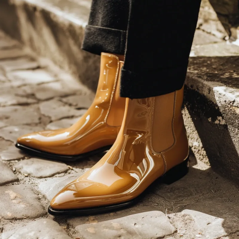Tan Patent Leather Brunone Slip On Pointed Chelsea Boots sold by Costoso Italiano