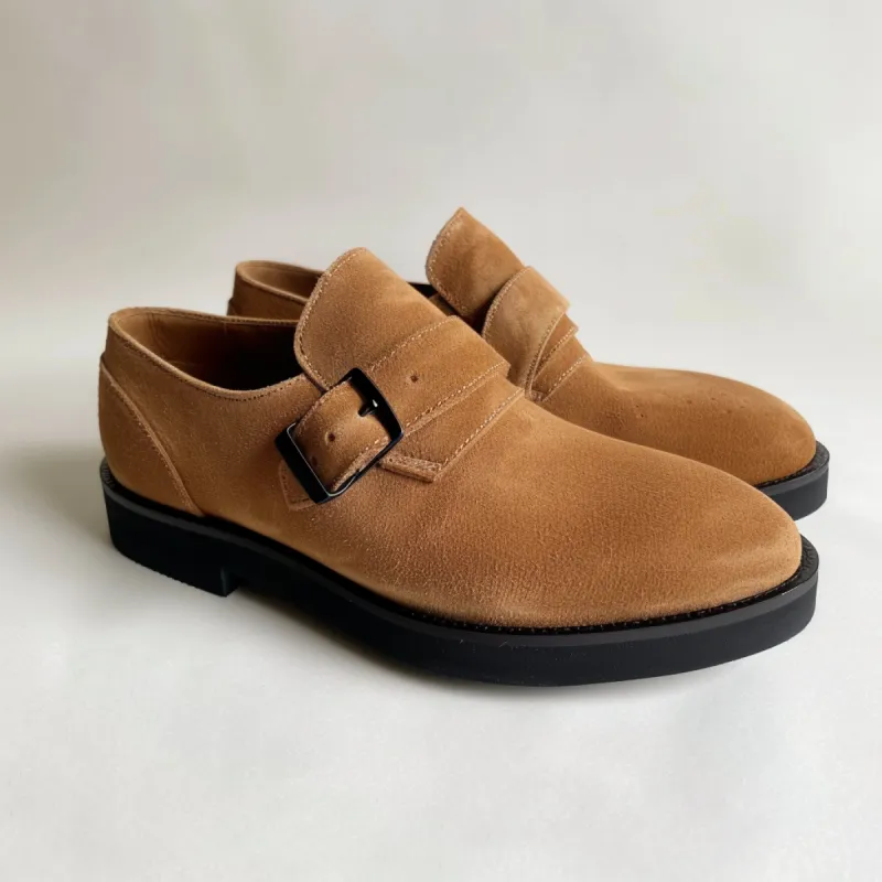 Tan Suede Leather Guarniero With Thick Sole Monk Straps sold by Costoso Italiano