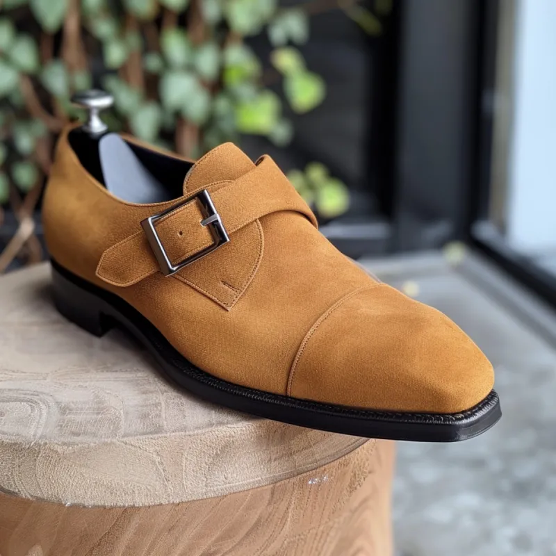 Tan Suede Leather Giulio With Thick Sole Monk Straps sold by Costoso Italiano