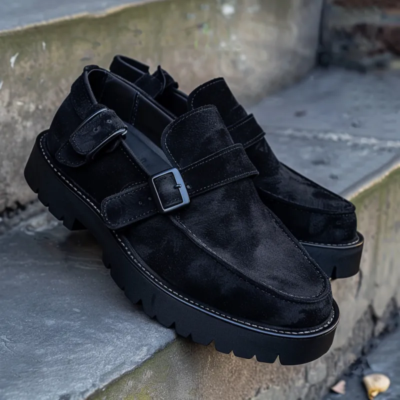 Black Suede Leather Gildo With Thick Sole Monk Straps sold by Costoso Italiano