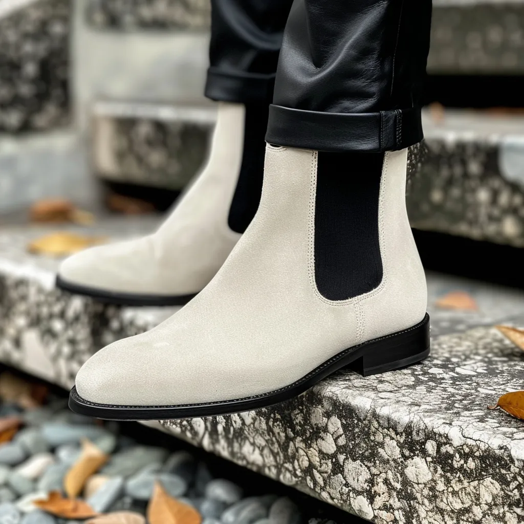 White Suede Leather Ammirato Chelsea Boots sold by Costoso Italiano
