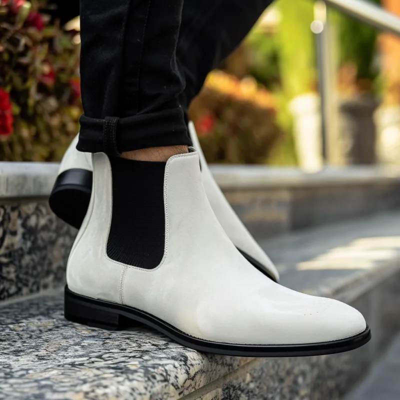 White Suede Leather Amelio Chelsea Boots sold by Costoso Italiano