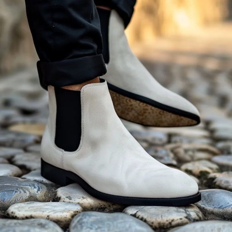 White Suede Leather Amalio Chelsea Boots sold by Costoso Italiano