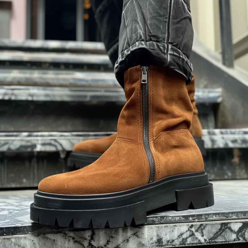 Brown Suede Maggiorino With Thick Sole Zipper Boots sold by Costoso Italiano