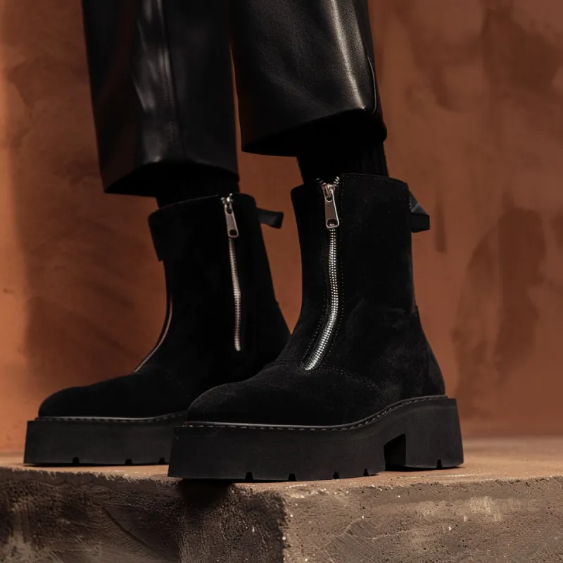 Black Suede Macario With Thick Sole Zipper Boots sold by Costoso Italiano