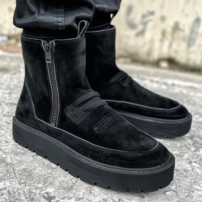 Black Suede Lupo With Thick Sole Zipper Boots sold by Costoso Italiano