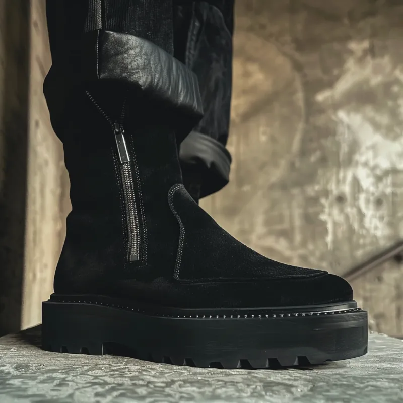 Black Suede Ludovico Livio With Thick Sole Zipper Boots sold by Costoso Italiano