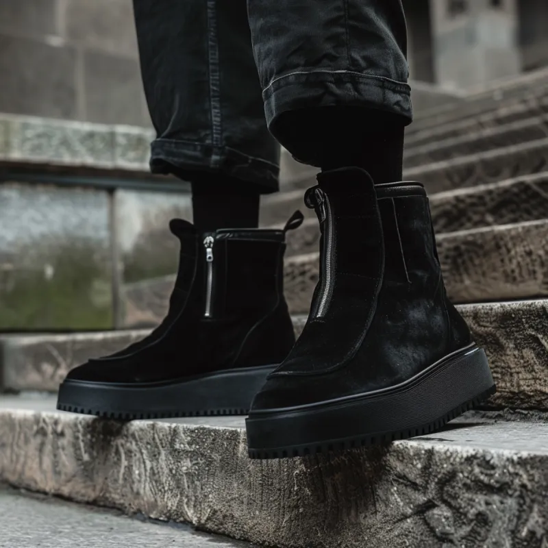 Black Suede Lorenzo Livio With Thick Sole Zipper Boots sold by Costoso Italiano