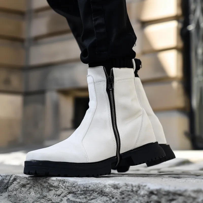 White Suede Leather Basilio Zipper Boots sold by Costoso Italiano