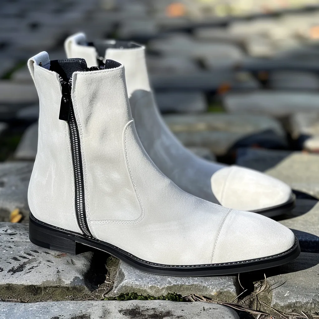 White Suede Leather Bardo Zipper Boots sold by Costoso Italiano