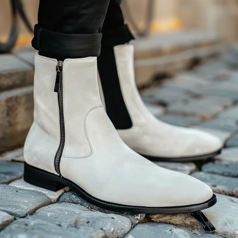 White Suede Leather Baldovino Zipper Boots sold by Costoso Italiano