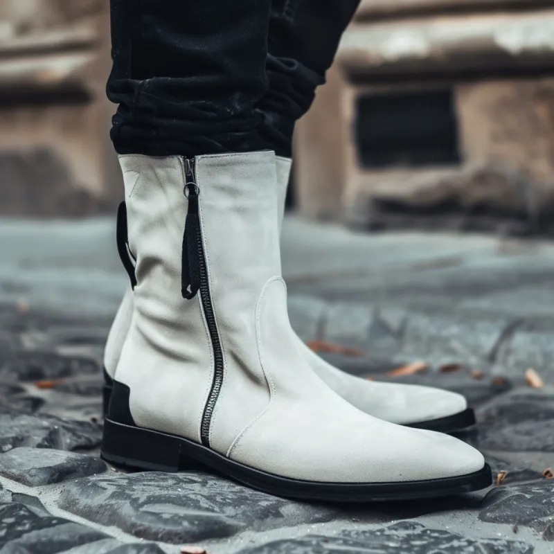 White Suede Leather Baldassarre Zipper Boots sold by Costoso Italiano