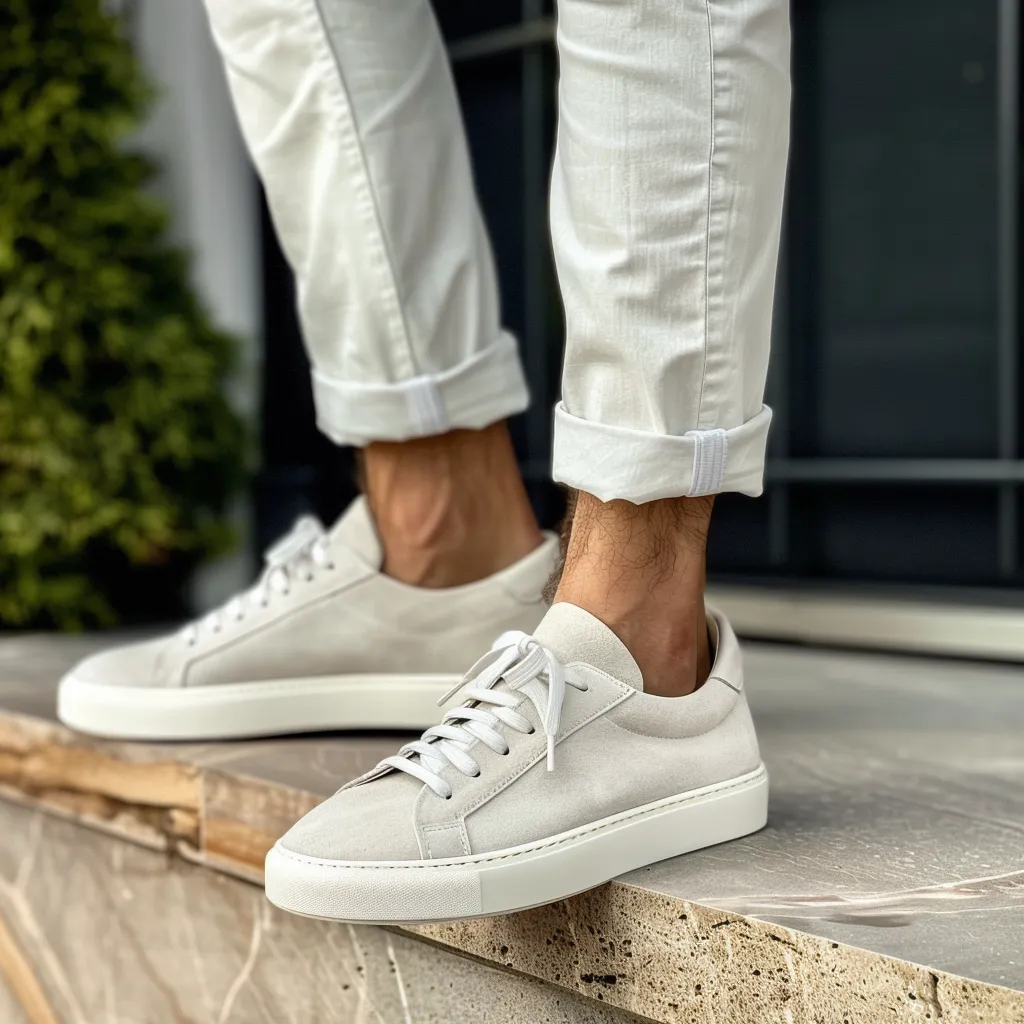 White Suede Leather Aurelio Sneakers sold by Costoso Italiano