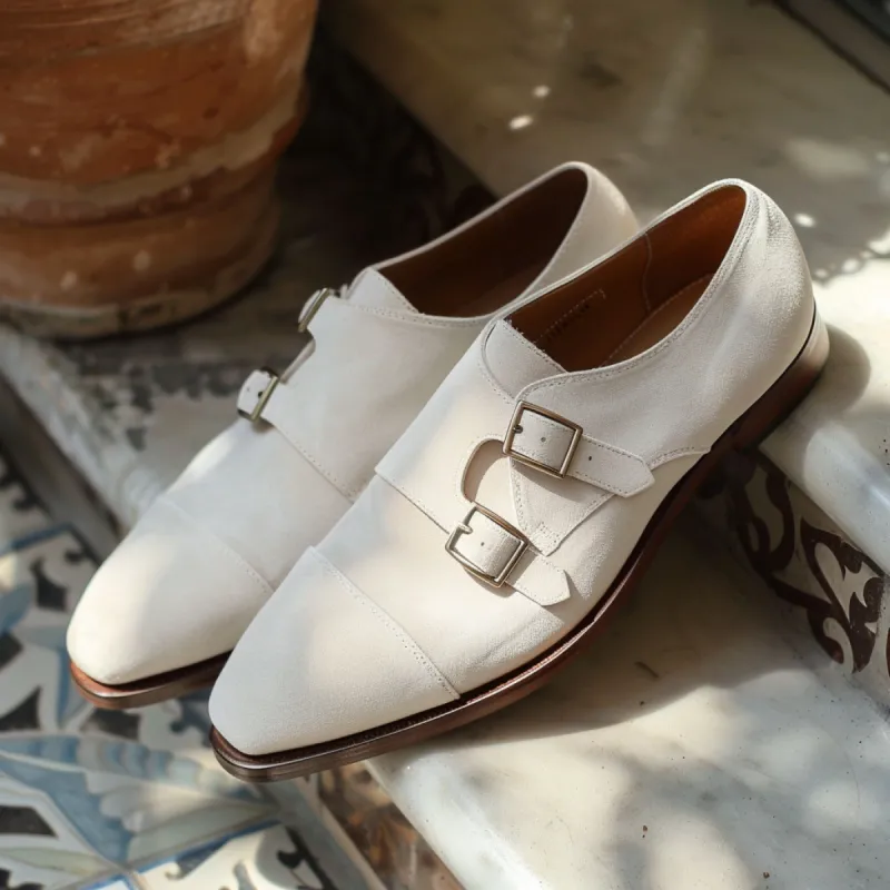 White Suede Leather Apollonio Monk Straps sold by Costoso Italiano