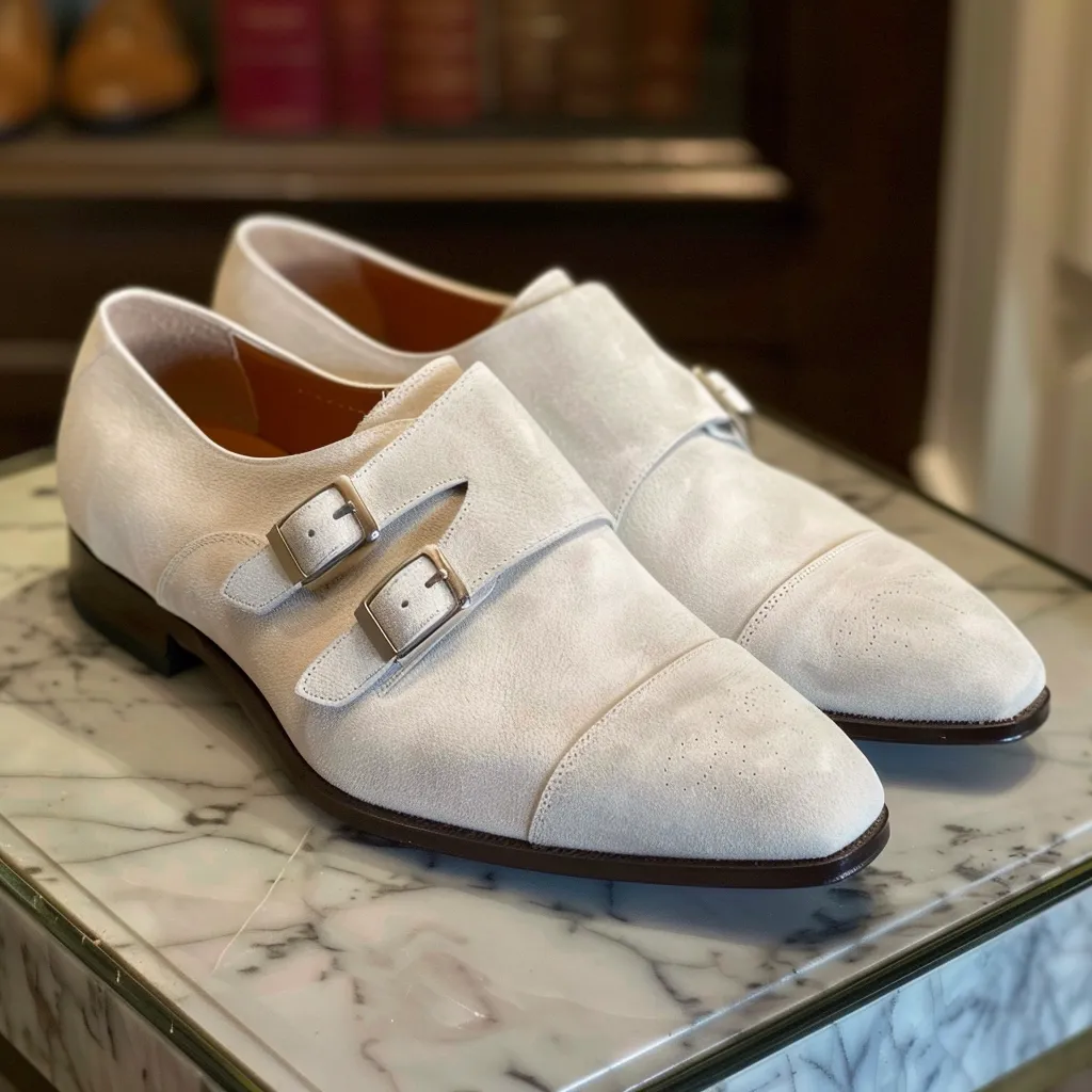 White Suede Leather Antonio Monk Straps sold by Costoso Italiano
