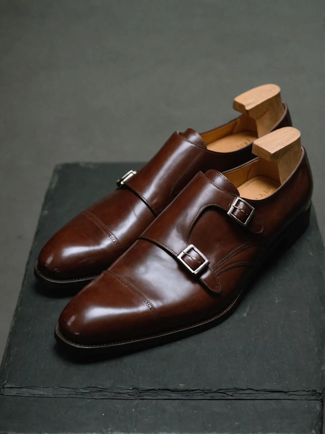 Dark Brown Leather Lysander Toe Cap Monk Straps sold by Costoso Italiano
